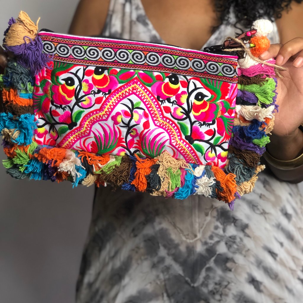 Boho Purse With Yarn Pompoms Handbag Purse Clutch